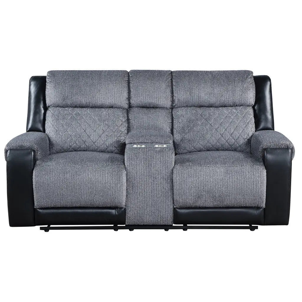 76" Gray and Black Faux Leather and Microfiber Manual Reclining Loveseat With Storage Homeroots Living Room