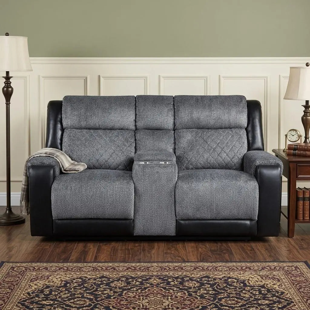 76" Gray and Black Faux Leather and Microfiber Manual Reclining Loveseat With Storage Homeroots Living Room