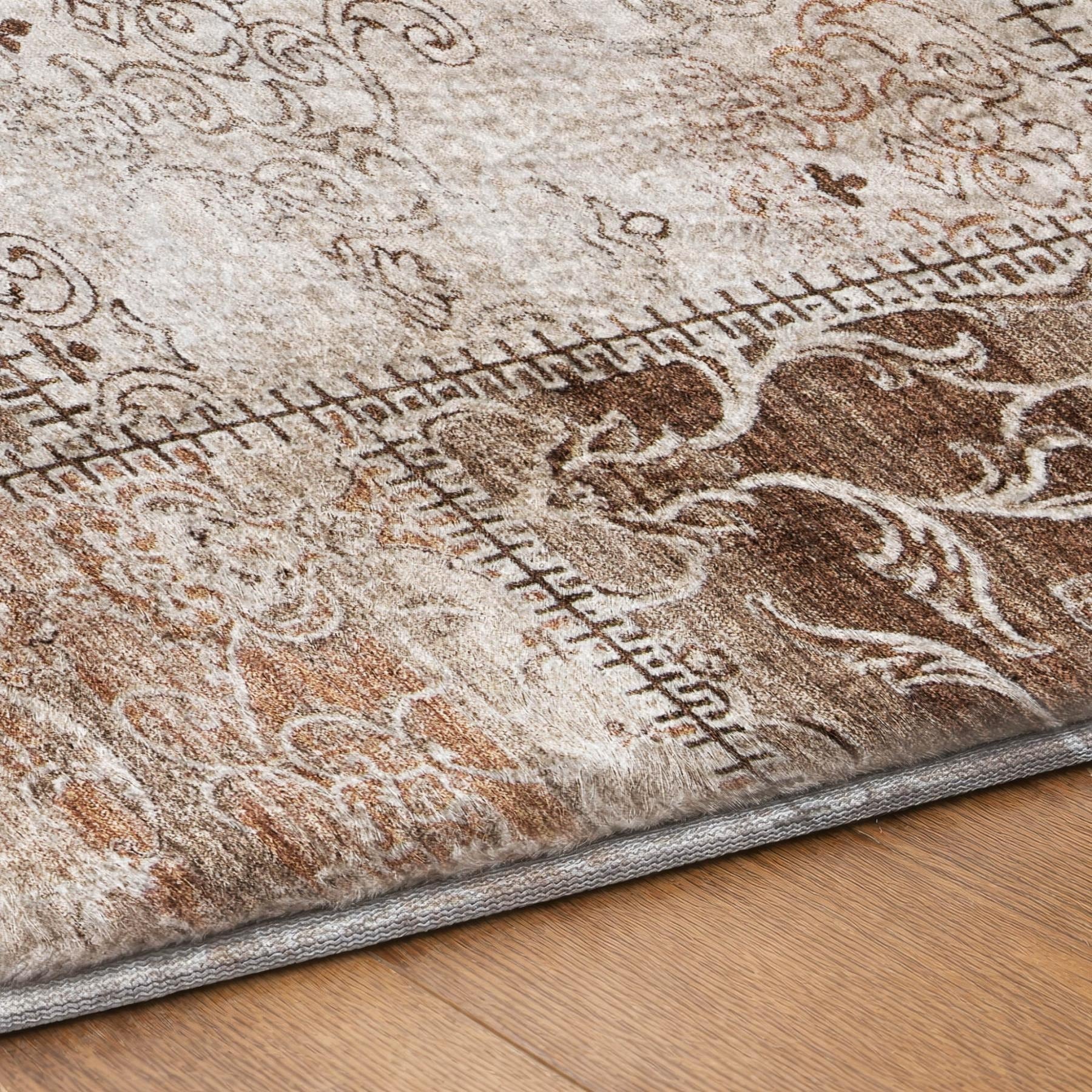 5' X 8' Beige And Brown Floral Shag Washable Area Rug With UV Protection - Home & Garden