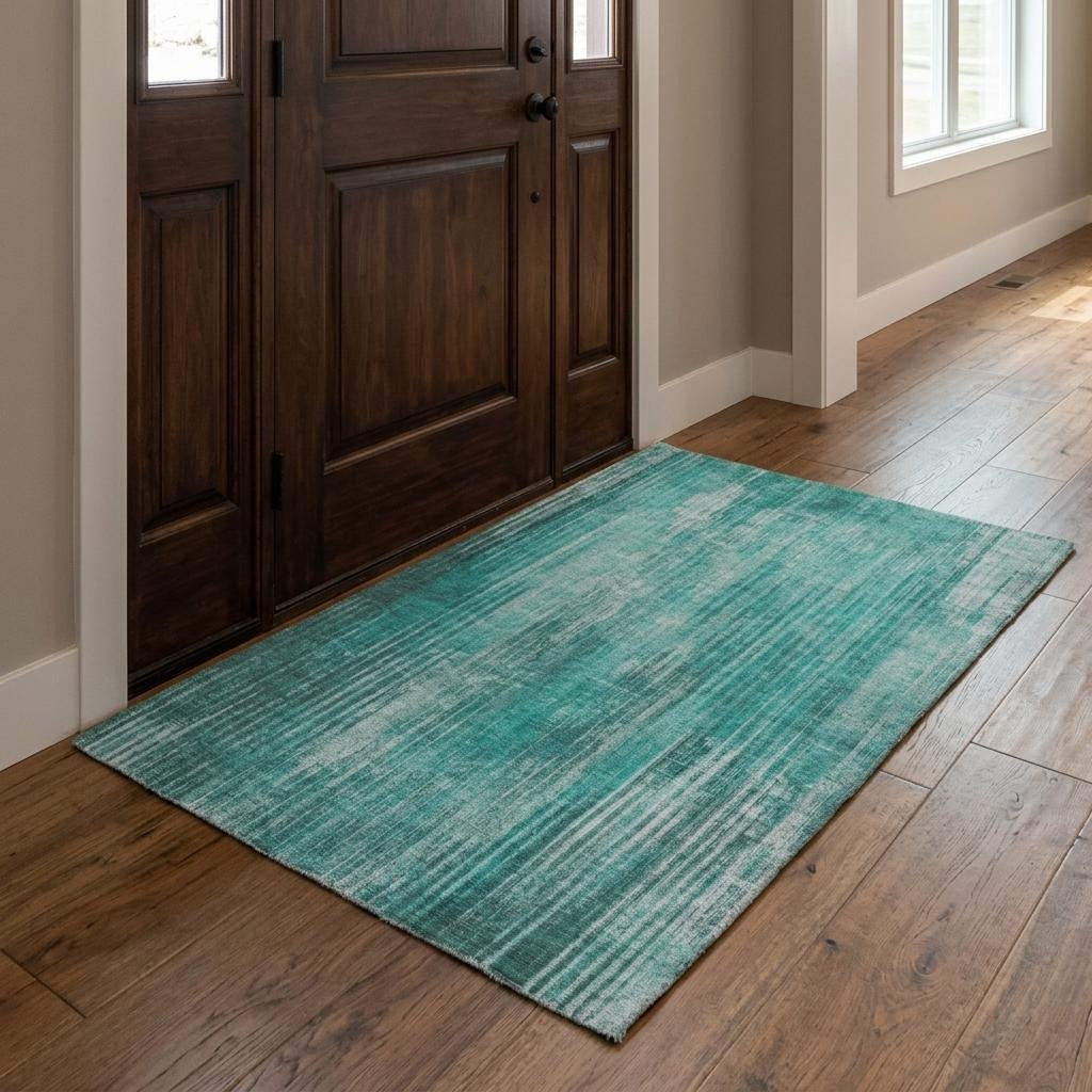 3' X 5' Teal And Aqua Striped Shag Washable Area Rug With UV Protection - Home & Garden