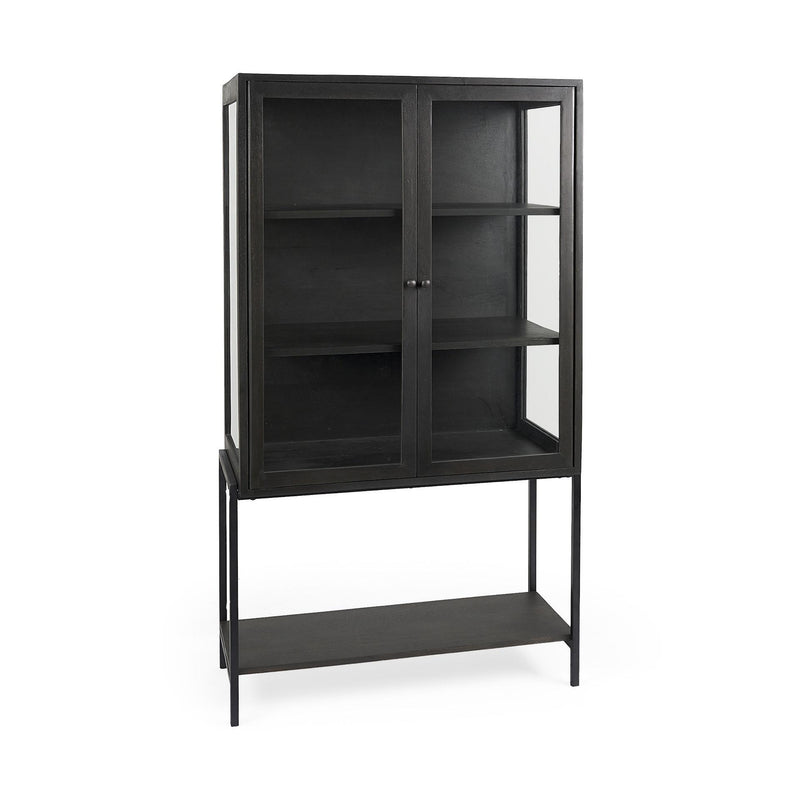 36" Black Solid Wood and Metal Display Cabinet With Two Doors - Kitchen & Dining