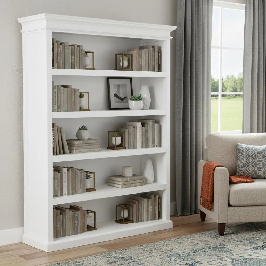 77" Antiqued White Solid Wood Five Tier Bookcase Homeroots Office