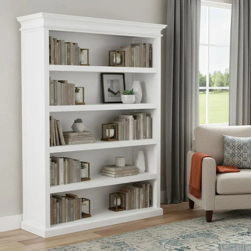 77" Antiqued White Solid Wood Five Tier Bookcase Homeroots Office