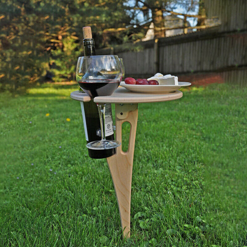 Outdoor Wine Table Portable Picnic Table Wine Glass Racks Foldable Round Desktop Wooden Picnic Table Garden Collapsible Table