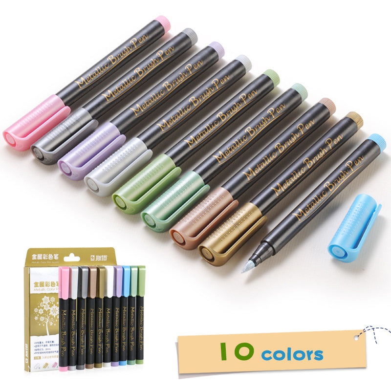 Art Marker Set Metal 10 Colors Medium Pen Metallic For DIY Photo Album Signature Liquid-ink Round Supplies Permanent Plastic