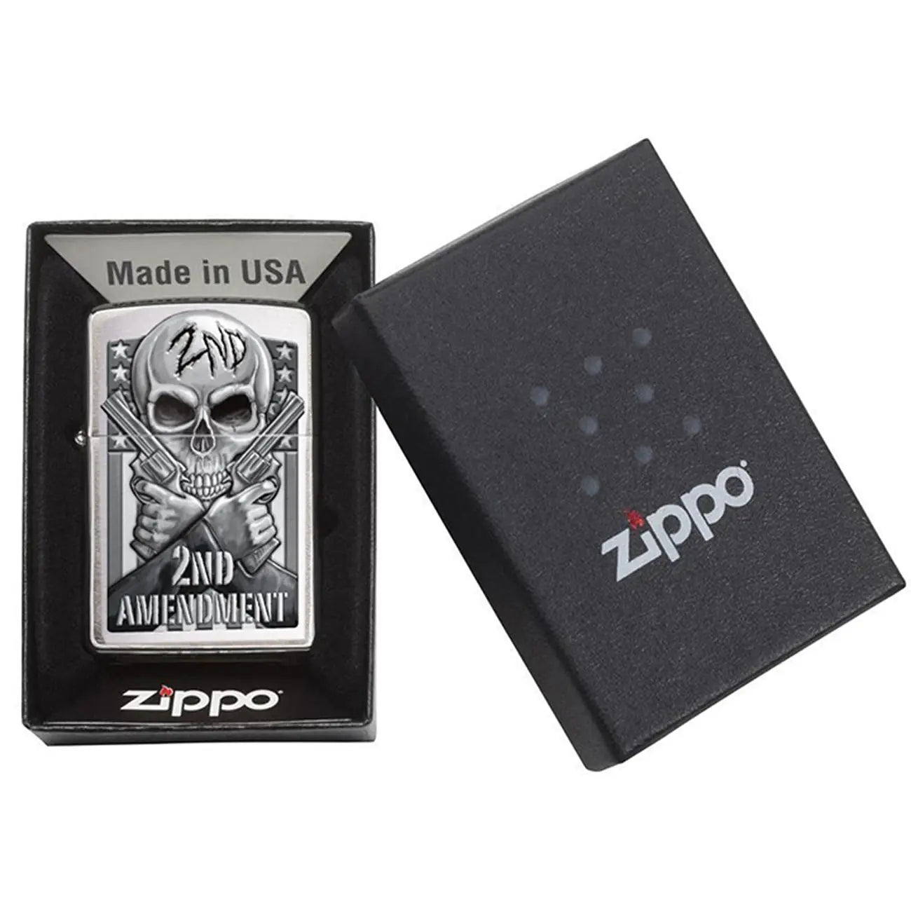 *78702* Zippo 78702 Windproof Lighter Second Amendment Skull And Guns Brushed Chrome Zippo