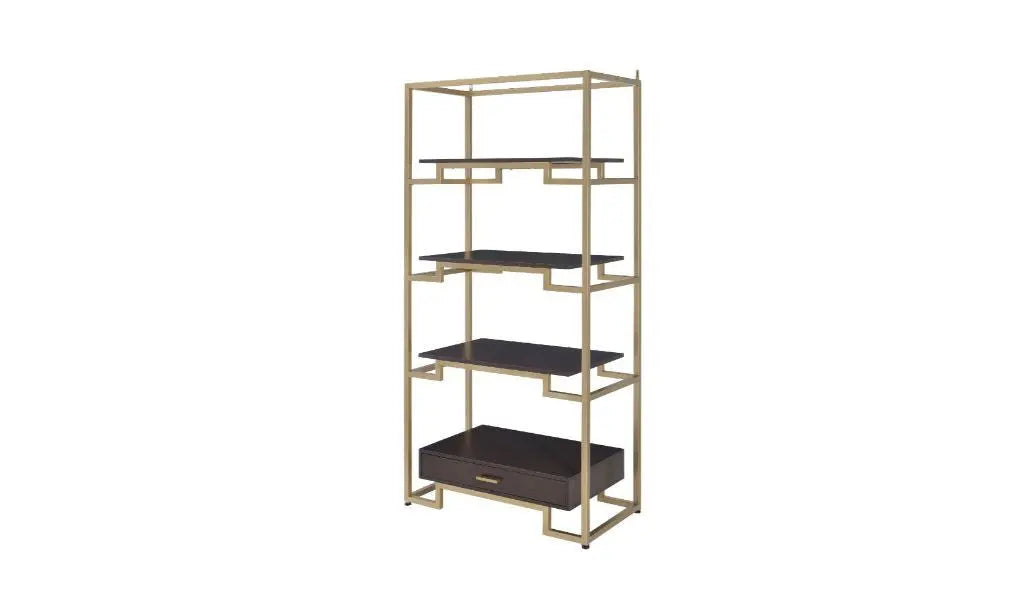 78" Gold and Black Metal Four Tier Etagere Bookcase with a Drawer Homeroots Office