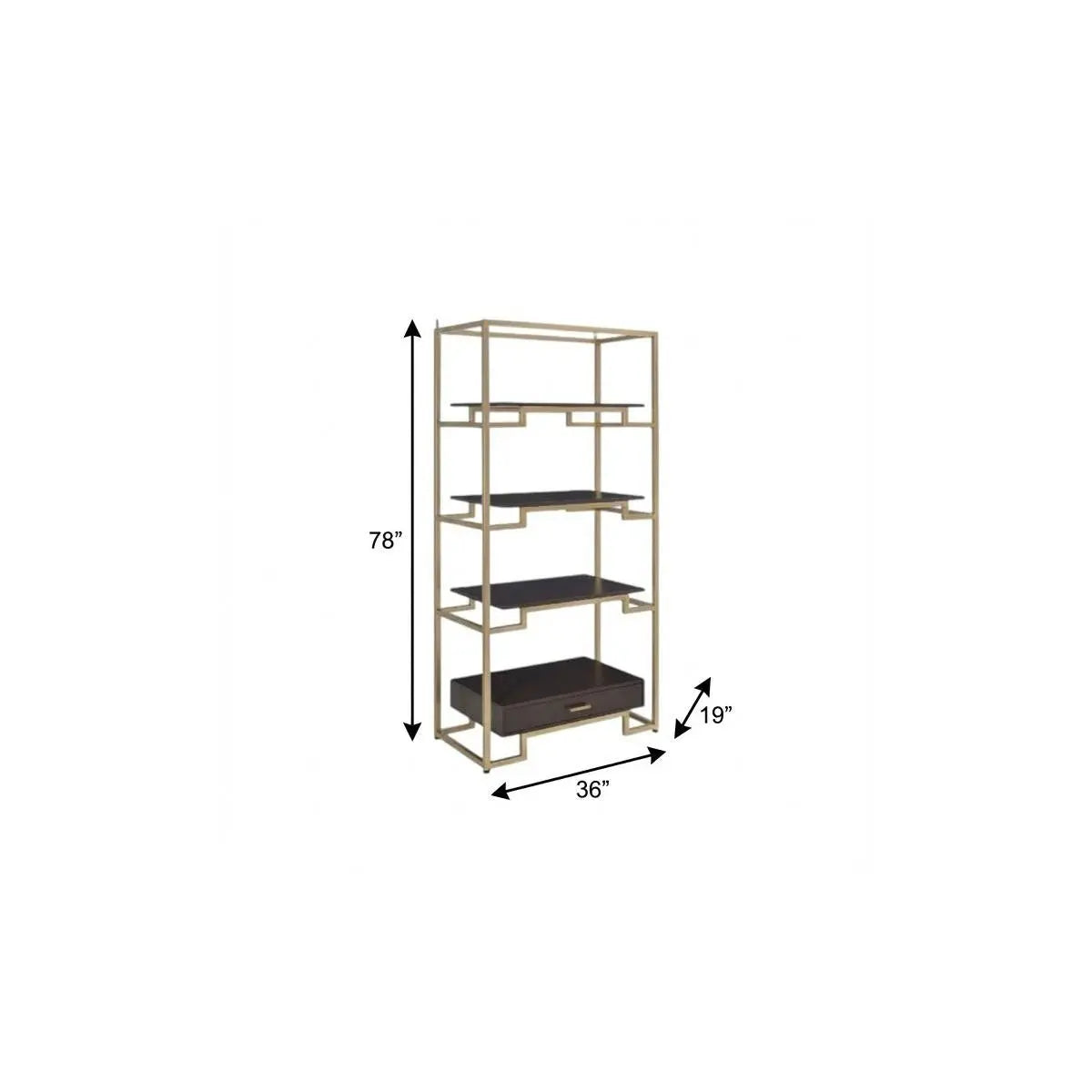 78" Gold and Black Metal Four Tier Etagere Bookcase with a Drawer Homeroots Office