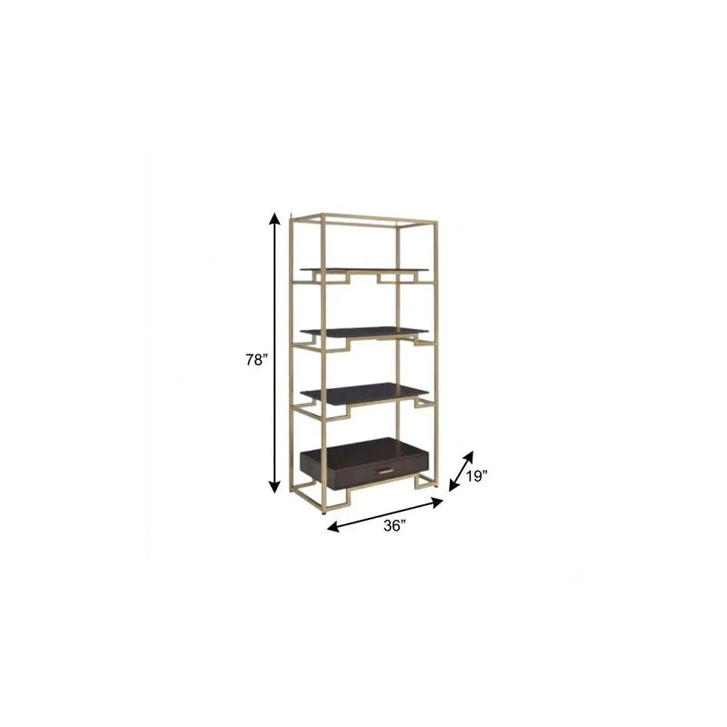 78" Gold and Black Metal Four Tier Etagere Bookcase with a Drawer Homeroots Office