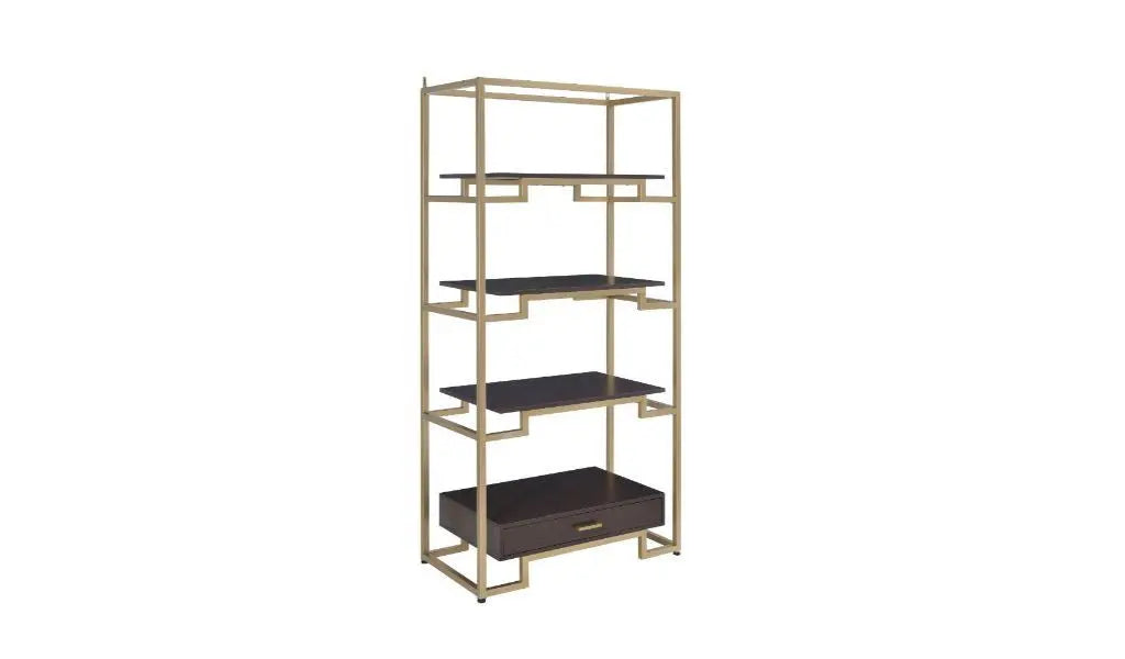 78" Gold and Black Metal Four Tier Etagere Bookcase with a Drawer Homeroots Office
