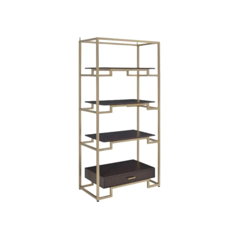 78" Gold and Black Metal Four Tier Etagere Bookcase with a Drawer Homeroots Office