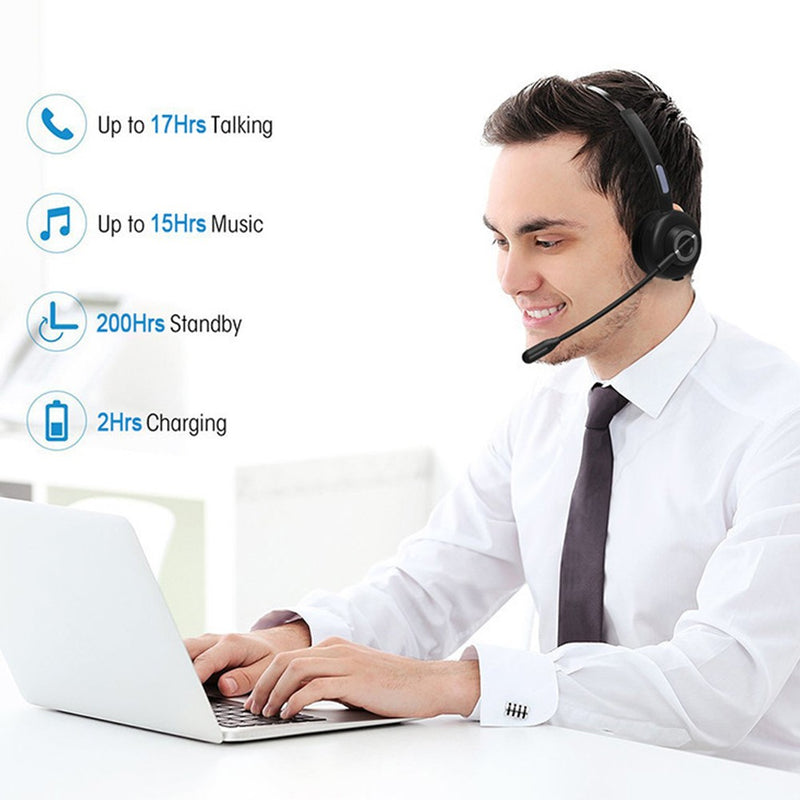 Bluetooth Headset for Cell Phones, Office Headset with Noise Cancelling Microphone and Charging Dock, PC Headset