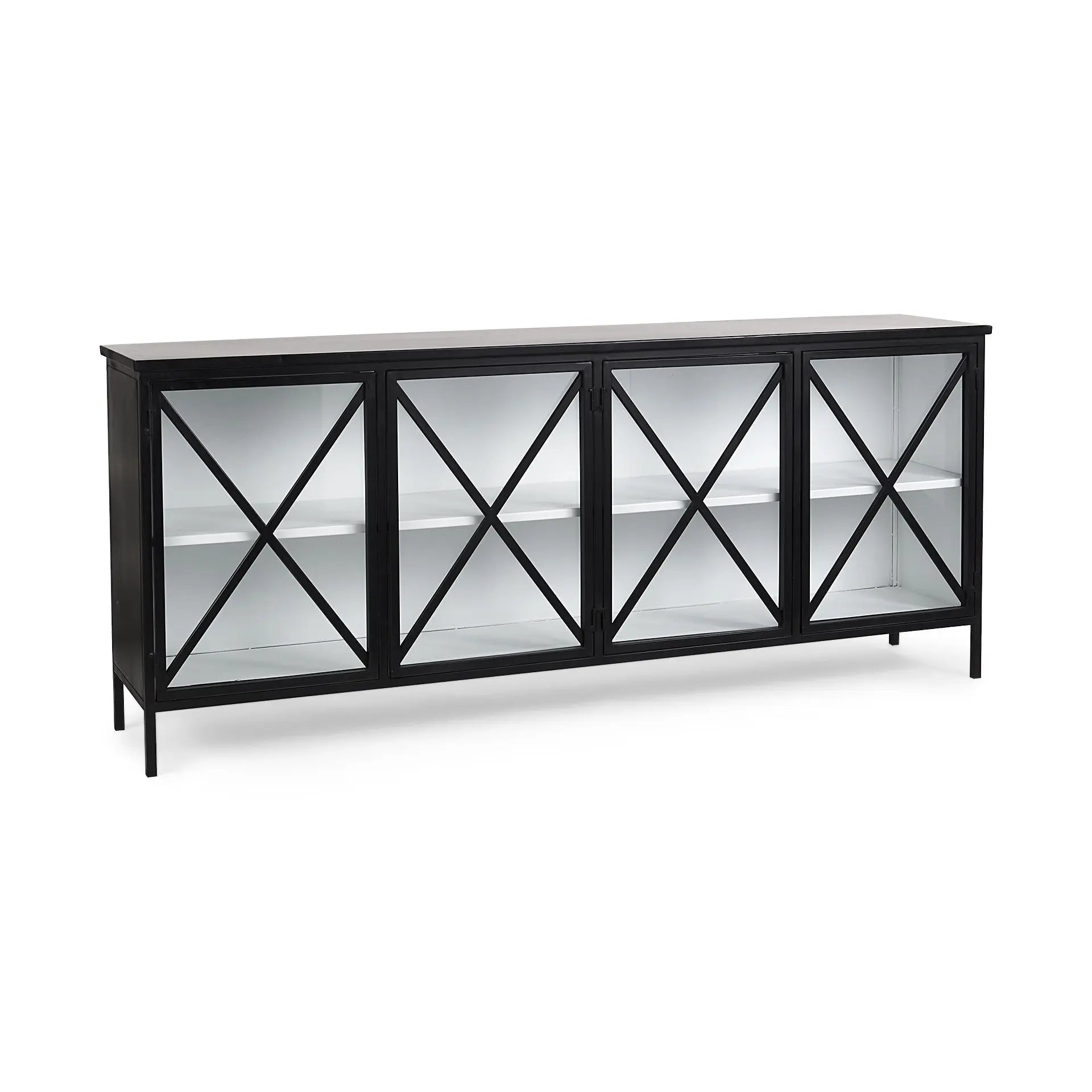 79" Black And White Iron Sideboard Soft Close with Four Glass Doors Homeroots Kitchen & Dining