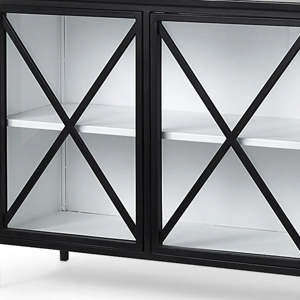 79" Black And White Iron Sideboard Soft Close with Four Glass Doors Homeroots Kitchen & Dining