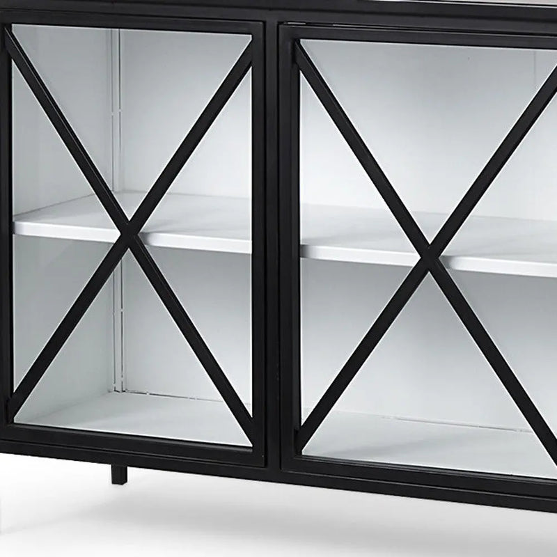 79" Black And White Iron Sideboard Soft Close with Four Glass Doors Homeroots Kitchen & Dining
