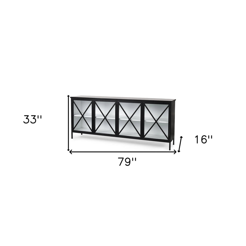 79" Black And White Iron Sideboard Soft Close with Four Glass Doors Homeroots Kitchen & Dining