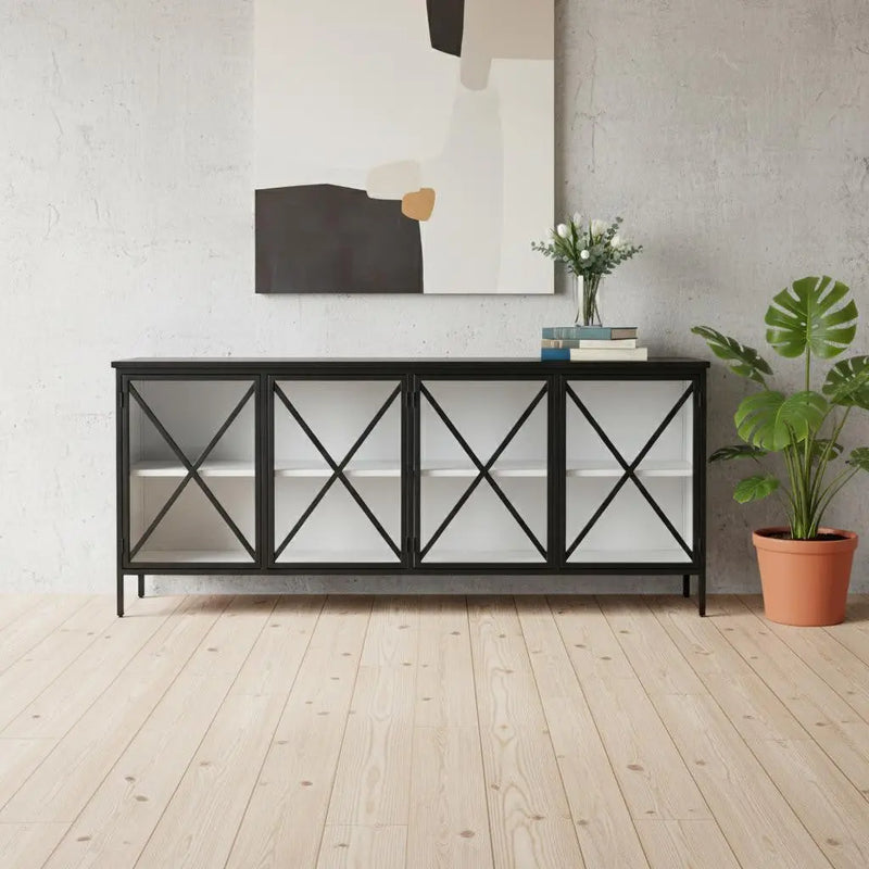 79" Black And White Iron Sideboard Soft Close with Four Glass Doors Homeroots Kitchen & Dining