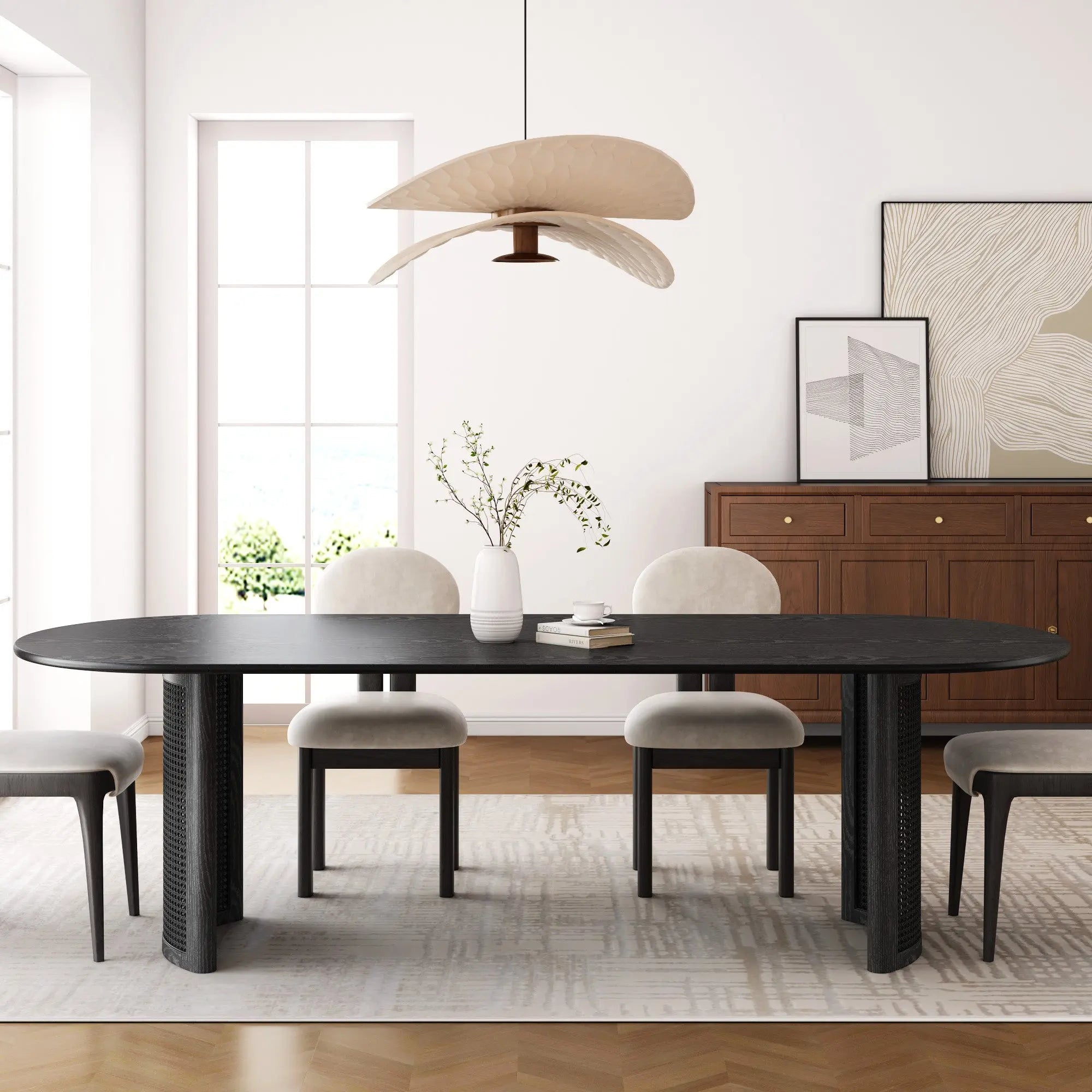 79" Black Solid Wood With Rattan Double Pedestal Base Oval Dining Table Homeroots Kitchen & Dining