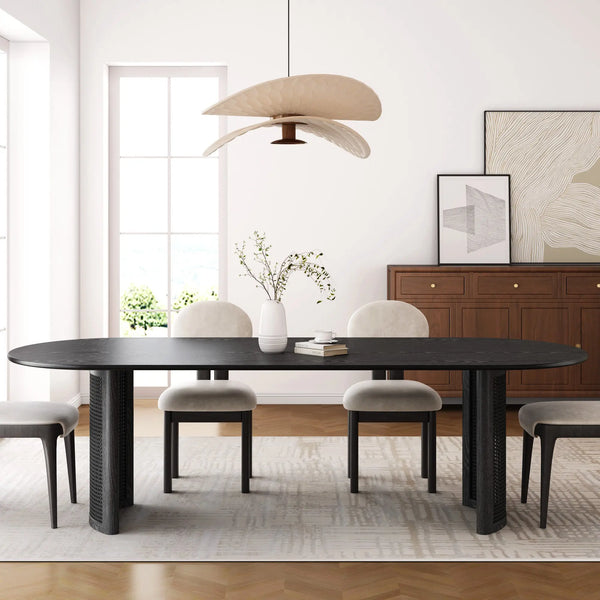 79" Black Solid Wood With Rattan Double Pedestal Base Oval Dining Table Homeroots Kitchen & Dining