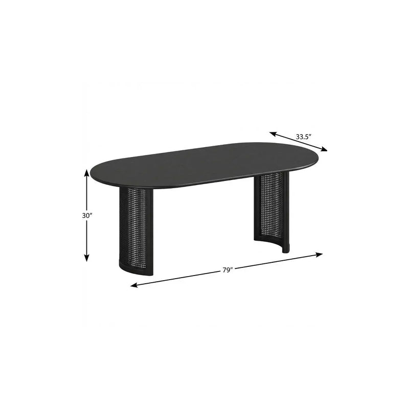 79" Black Solid Wood With Rattan Double Pedestal Base Oval Dining Table Homeroots Kitchen & Dining
