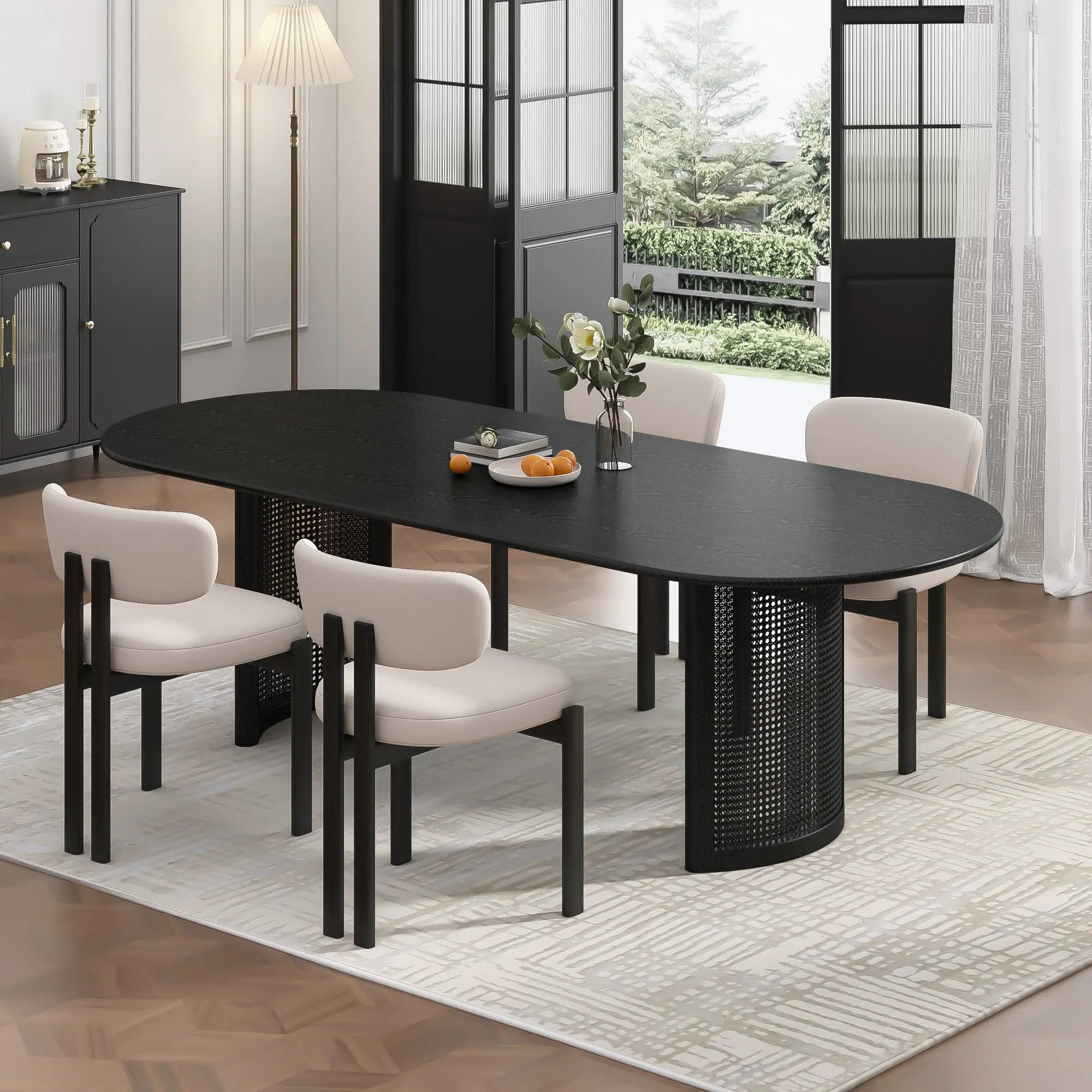 79" Black Solid Wood With Rattan Double Pedestal Base Oval Dining Table Homeroots Kitchen & Dining