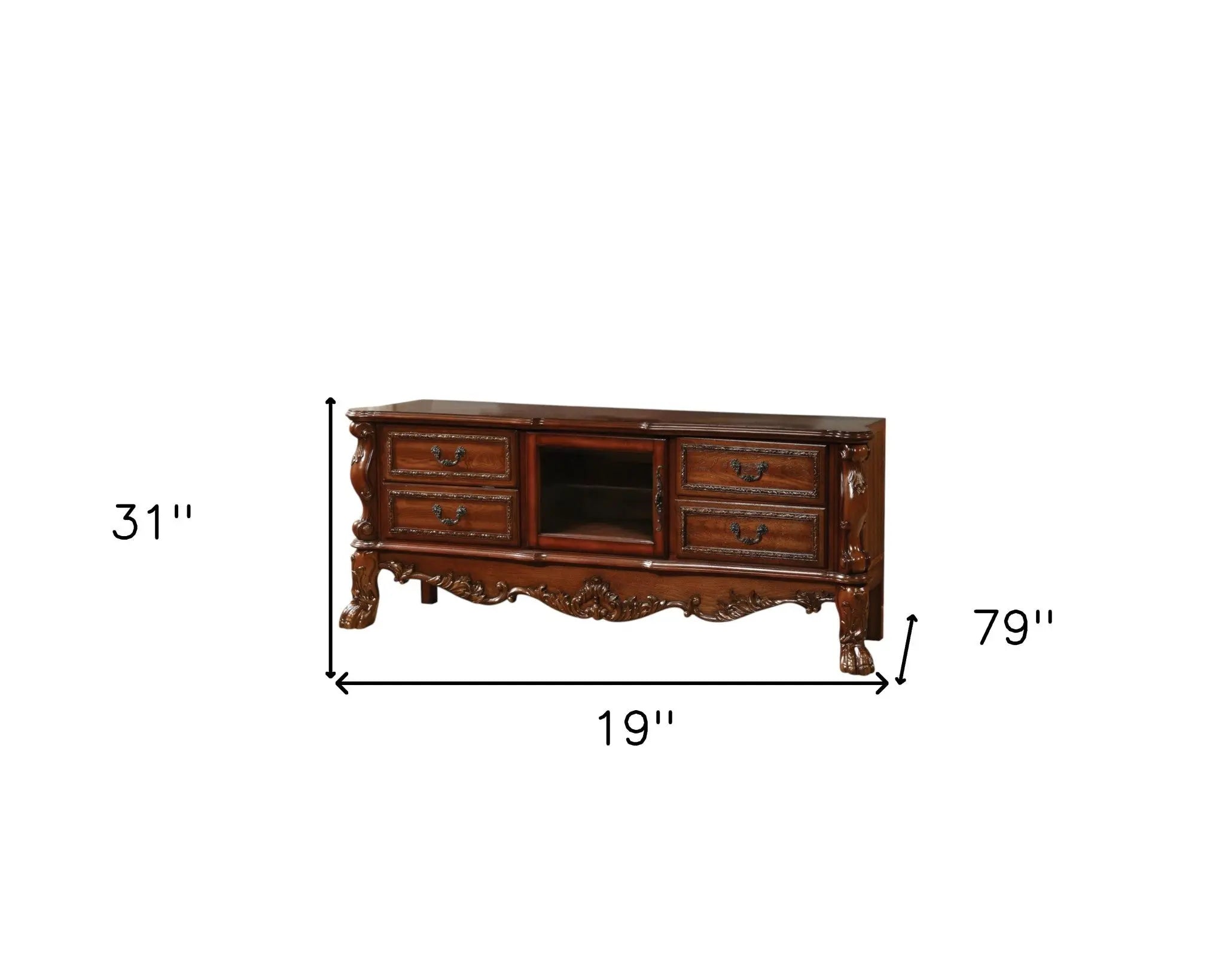 79" Brown Carved Scrollwork Wood And Glass Entertainment Center - GreatEagleInc