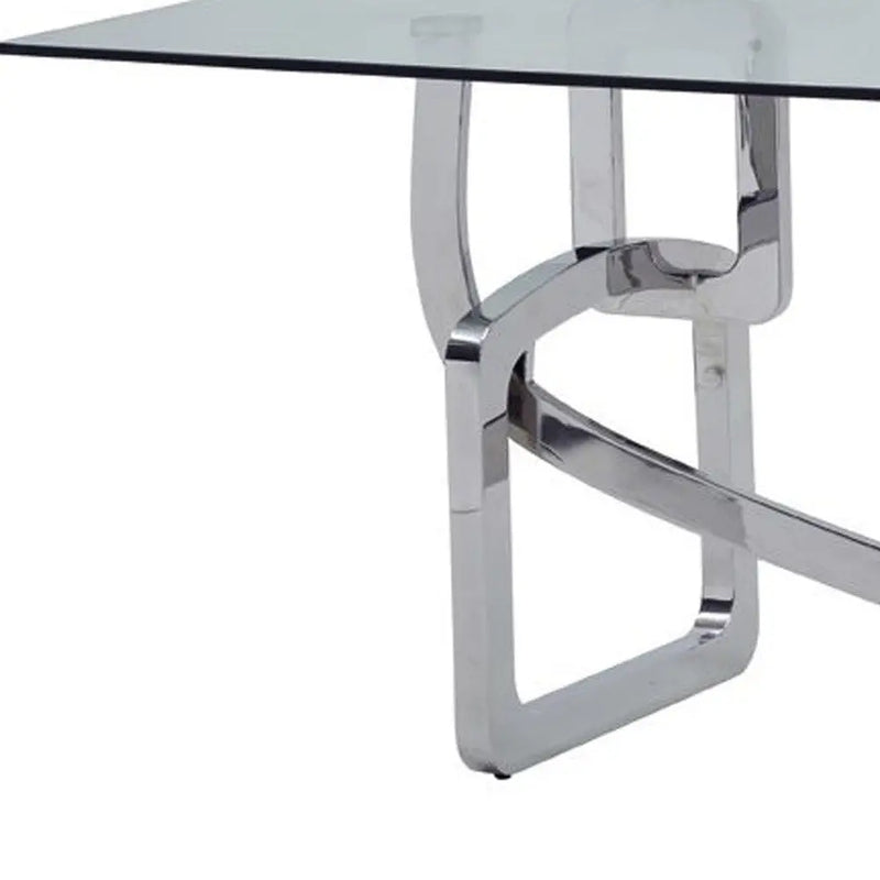 79" Clear And Silver Glass And Stainless Steel Trestle Base Dining Table Homeroots Kitchen & Dining