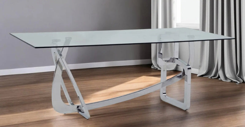 79" Clear And Silver Glass And Stainless Steel Trestle Base Dining Table Homeroots Kitchen & Dining