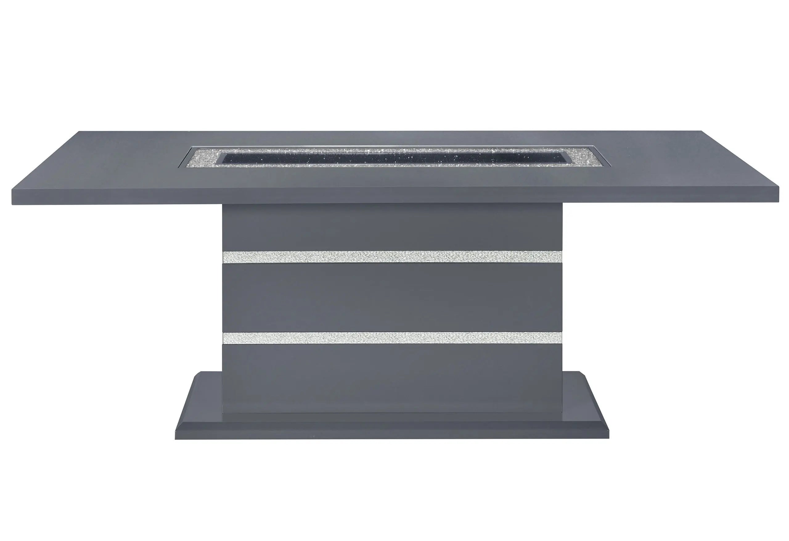 Modern gray rectangular dining table with silver accents, sleek finish, and stylish design for contemporary interiors.