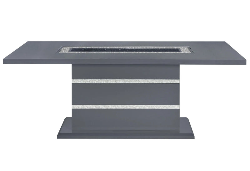 Modern gray dining table with a polished finish and decorative silver inlays, perfect for contemporary spaces.