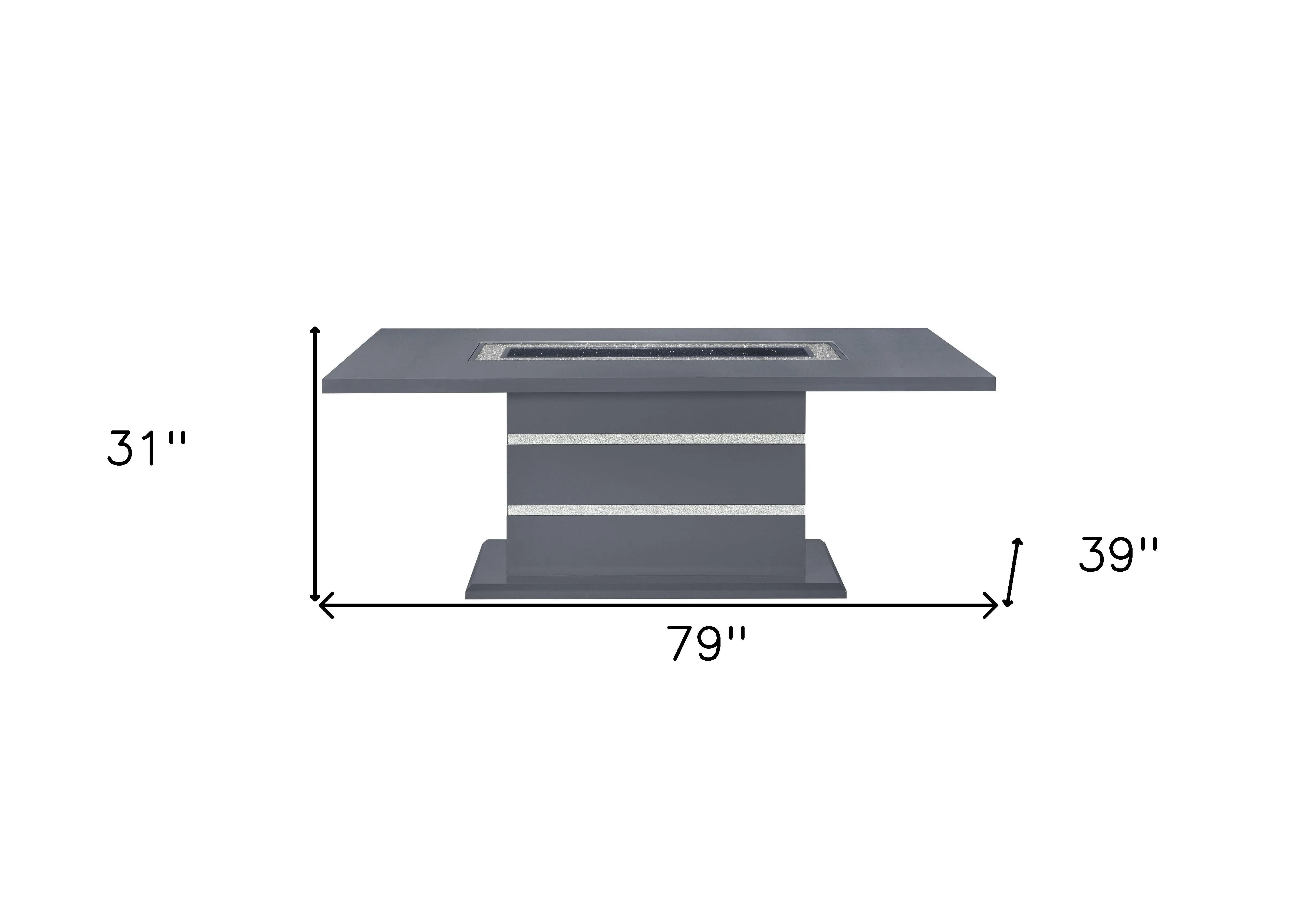 Modern gray rectangular dining table with chrome accents, 79" x 39", height 31", sleek design for contemporary interiors.