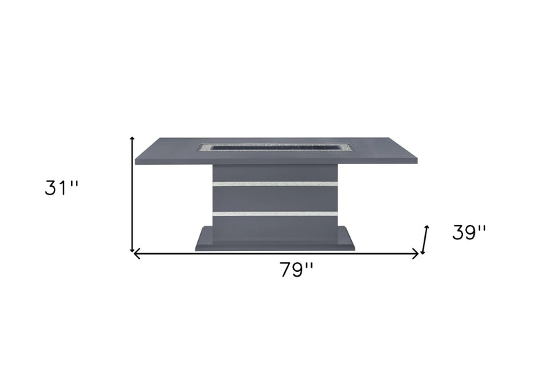 Modern gray rectangular dining table with chrome accents, 79" x 39", height 31", sleek design for contemporary interiors.