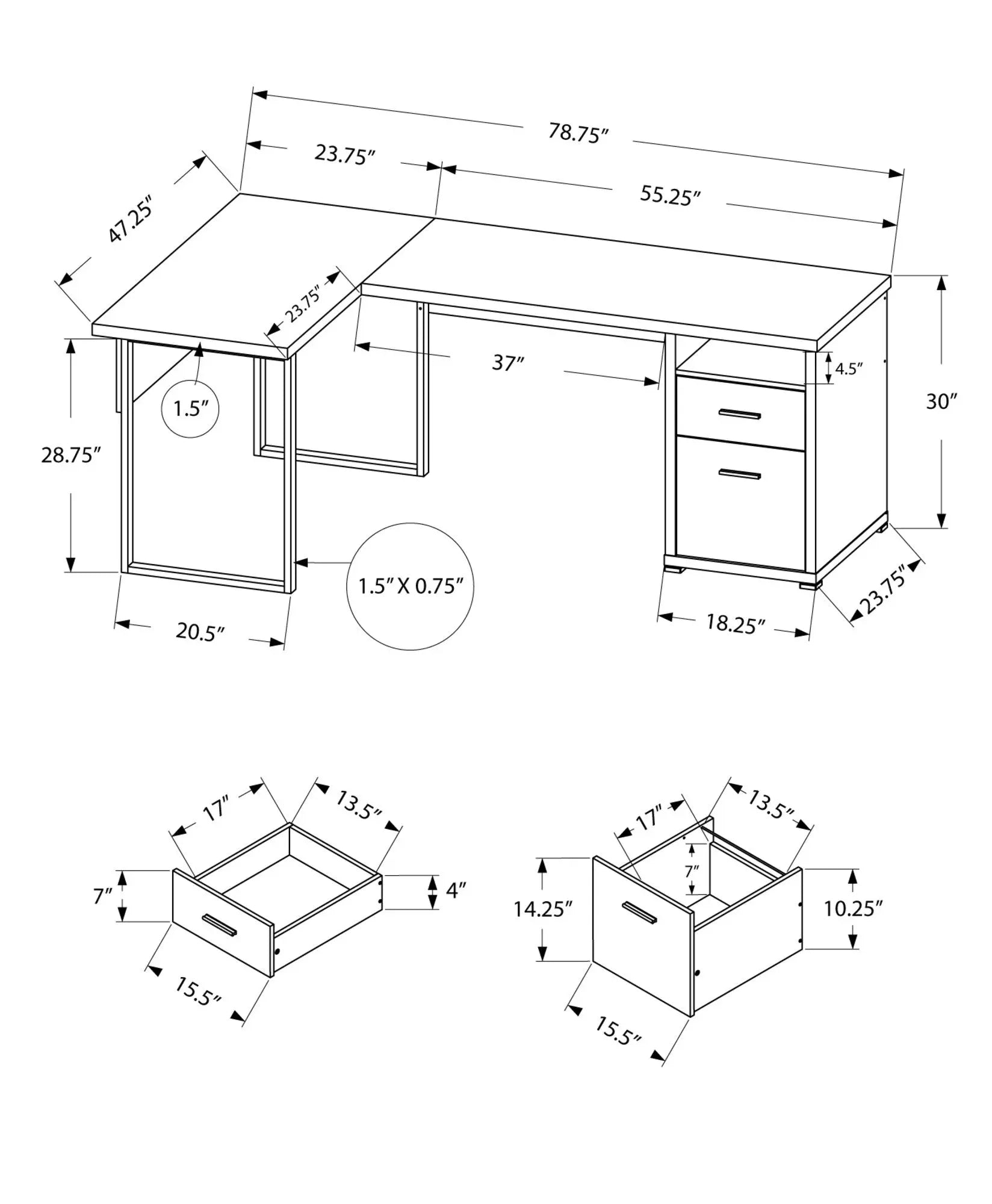 47" Gray and Silver L Shape Computer Desk With Two Drawers - GreatEagleInc