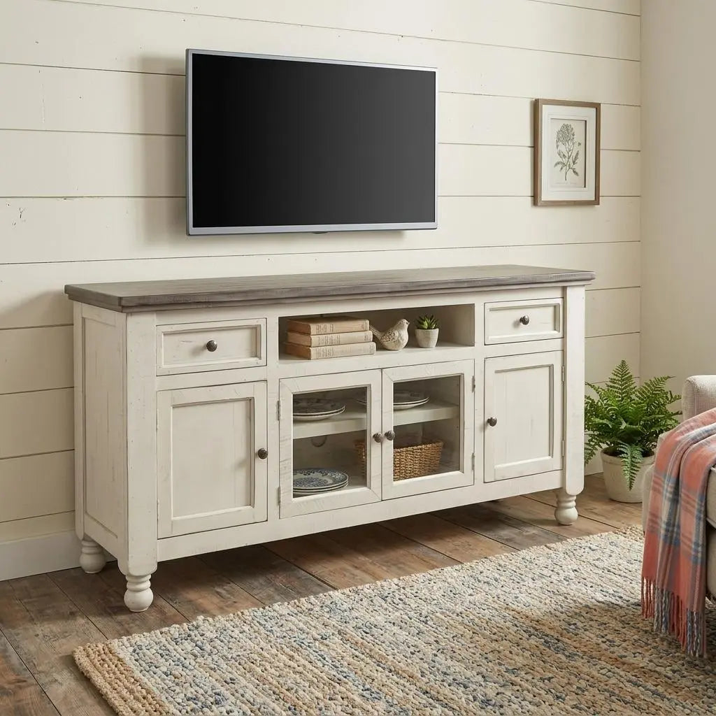 79" Ivory Solid Wood Open shelving Distressed TV Stand Homeroots Living Room