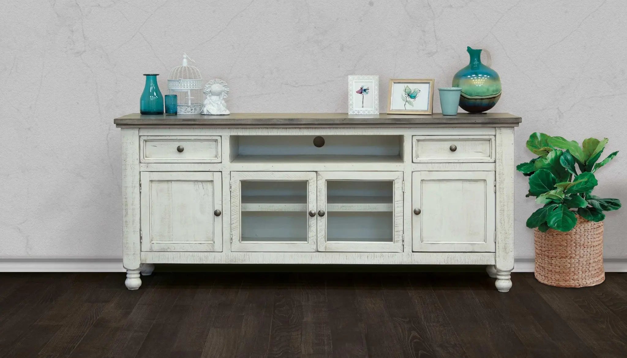 79" Ivory Solid Wood Open shelving Distressed TV Stand Homeroots Living Room