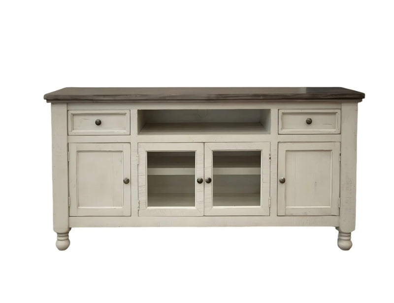 79" Ivory Solid Wood Open shelving Distressed TV Stand Homeroots Living Room