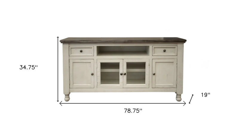 79" Ivory Solid Wood Open shelving Distressed TV Stand Homeroots Living Room