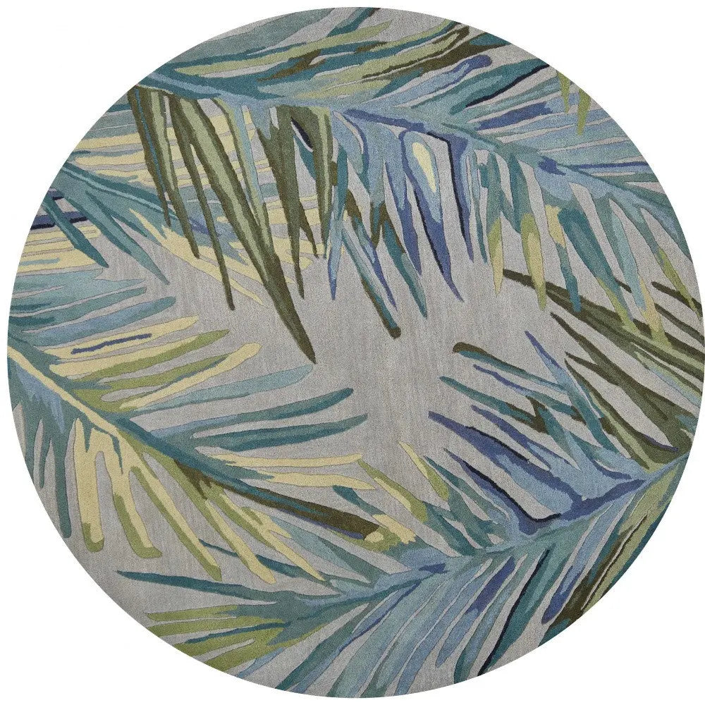 7' Blue And Gray Wool Tropical Botanical Hand Tufted Round Rug Homeroots Home Decor