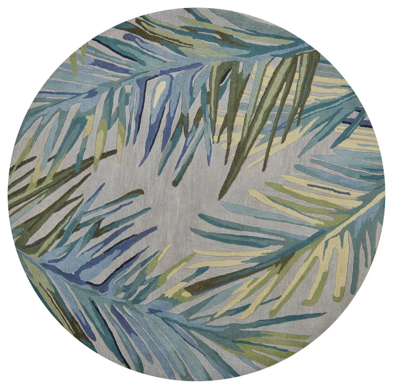 7' Blue And Gray Wool Tropical Botanical Hand Tufted Round Rug Homeroots Home Decor