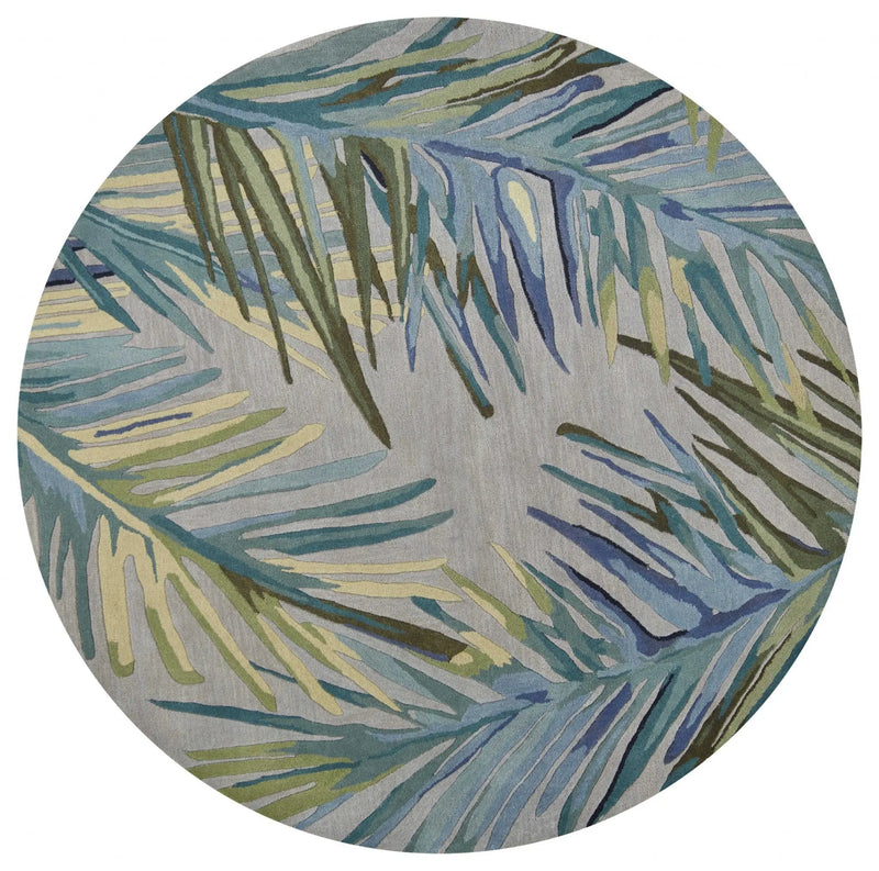 7' Blue And Gray Wool Tropical Botanical Hand Tufted Round Rug Homeroots Home Decor