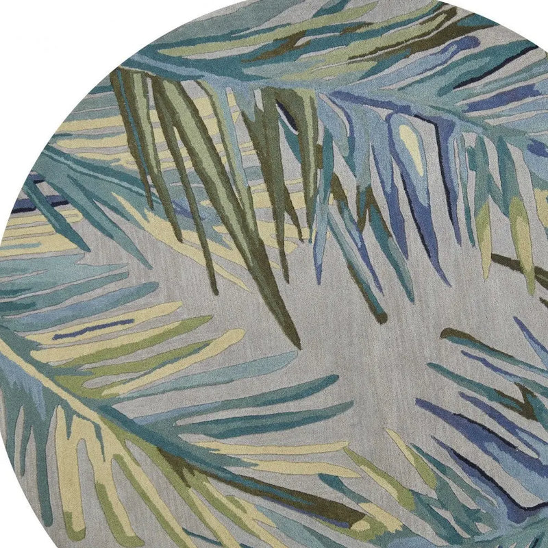 7' Blue And Gray Wool Tropical Botanical Hand Tufted Round Rug Homeroots Home Decor