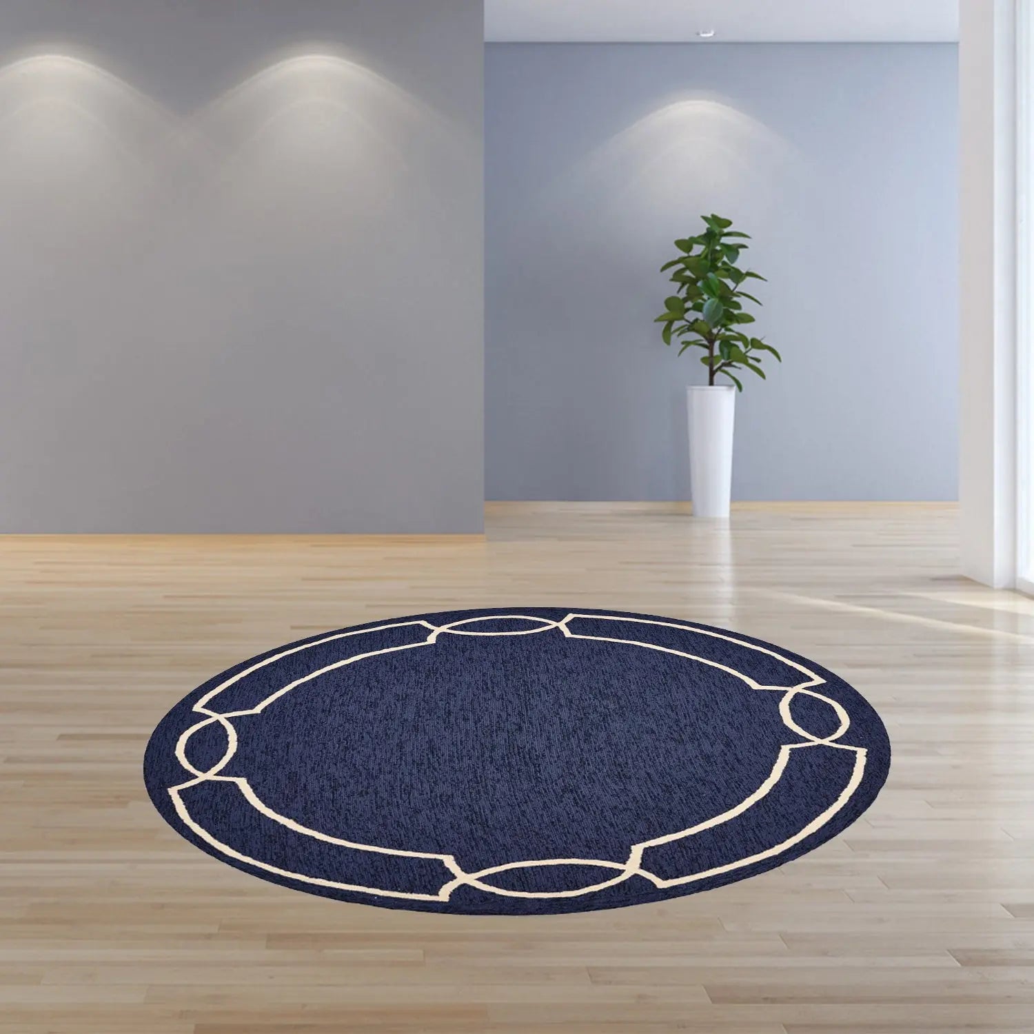7' Blue And Ivory Round Geometric Handmade Indoor Outdoor Area Rug Homeroots Outdoor