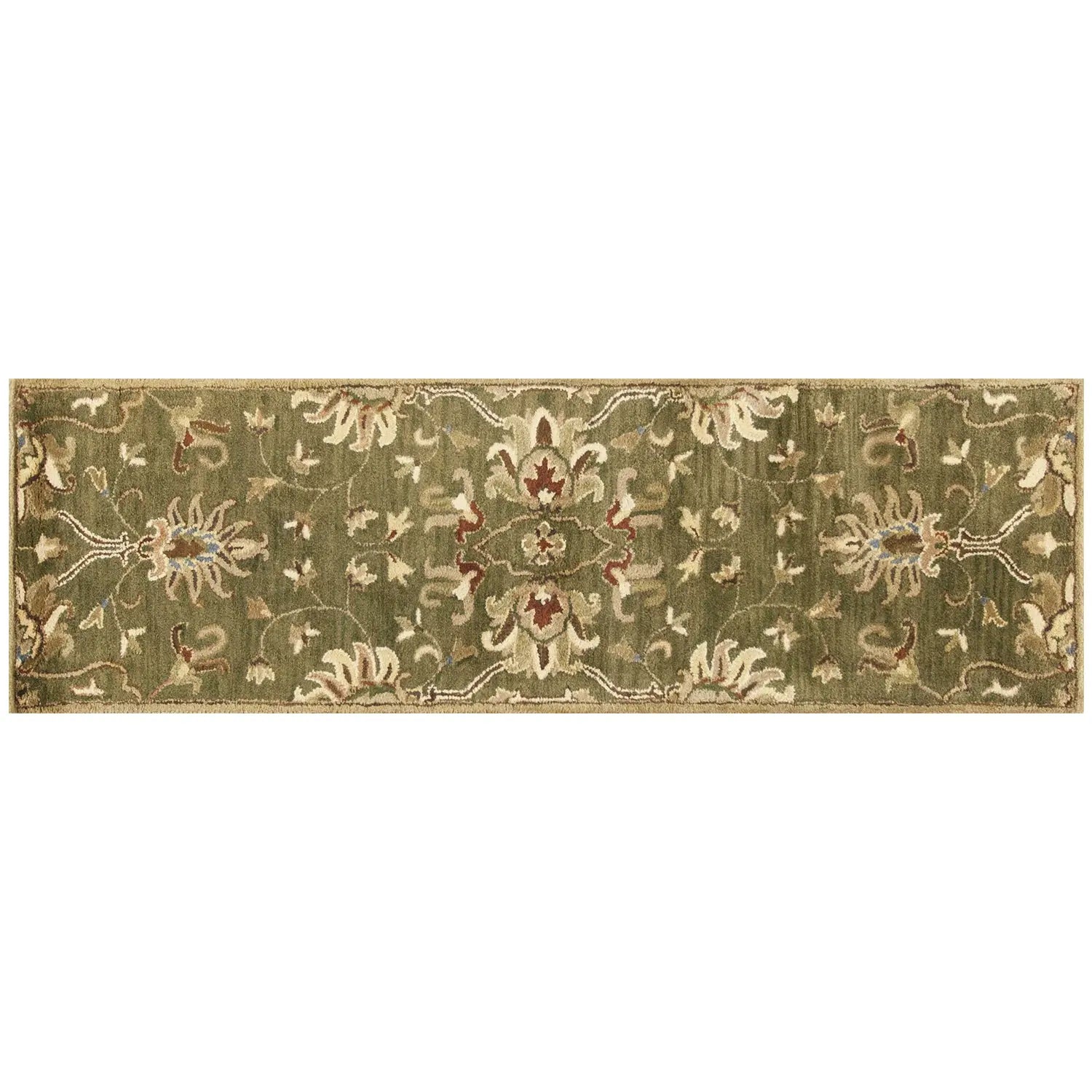 7' Green Red And Ivory Wool Floral Medallion Hand Tufted Runner Rug Homeroots Home Decor