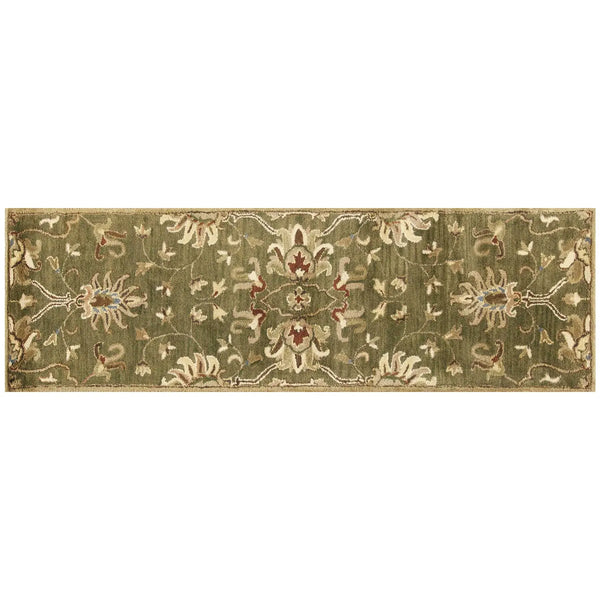 7' Green Red And Ivory Wool Floral Medallion Hand Tufted Runner Rug Homeroots Home Decor