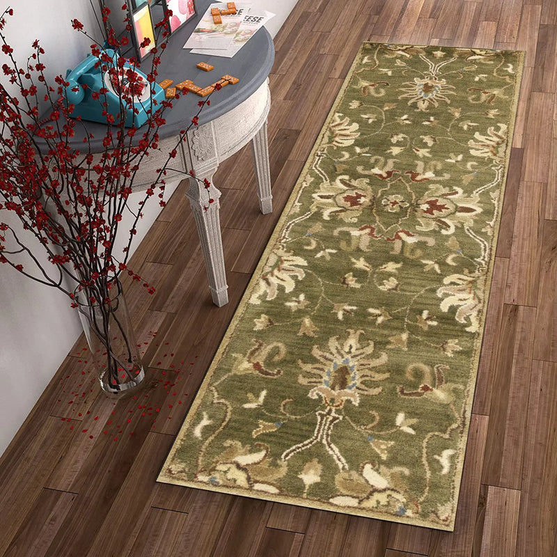 7' Green Red And Ivory Wool Floral Medallion Hand Tufted Runner Rug Homeroots Home Decor