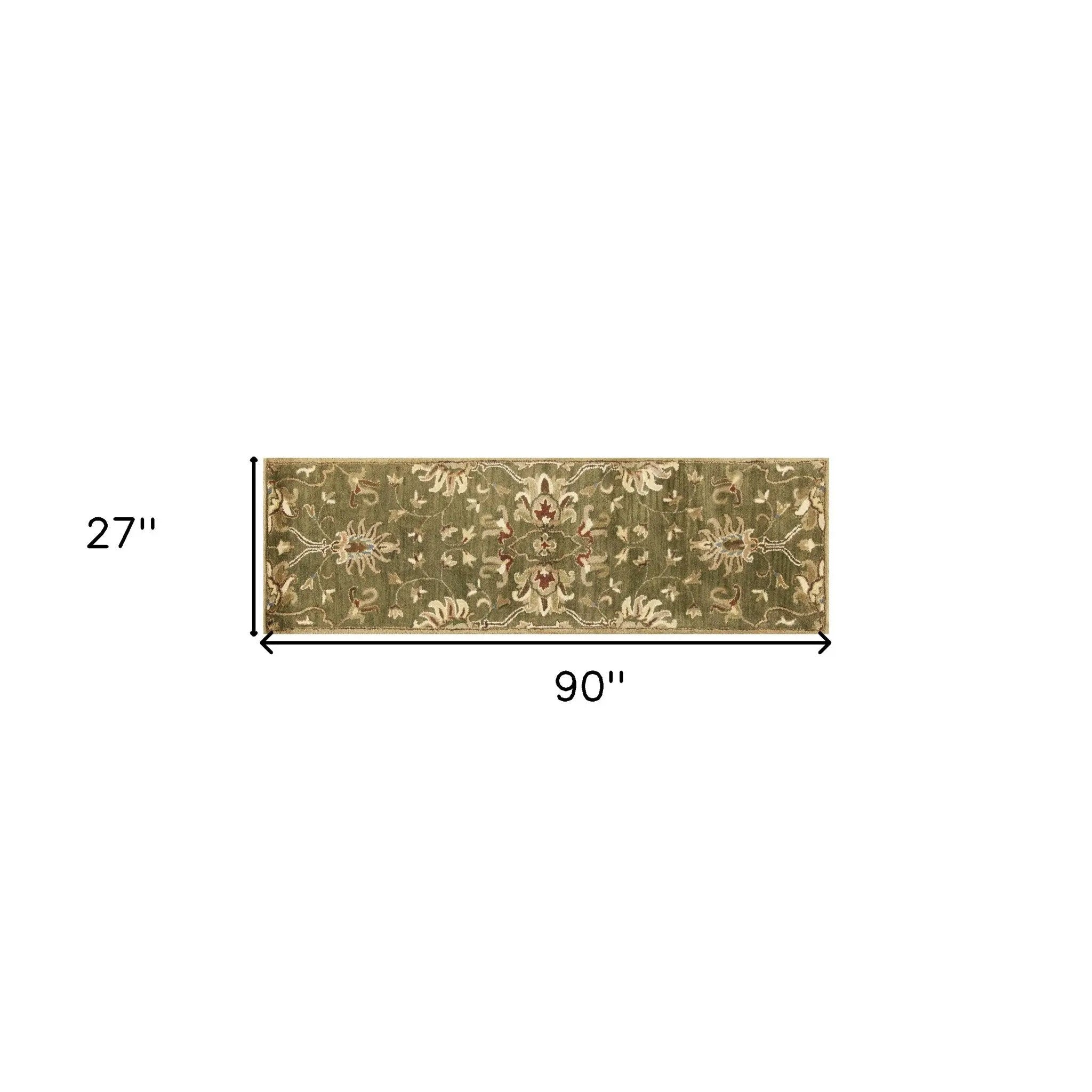 7' Green Red And Ivory Wool Floral Medallion Hand Tufted Runner Rug Homeroots Home Decor