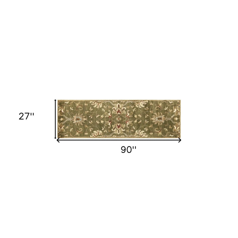 7' Green Red And Ivory Wool Floral Medallion Hand Tufted Runner Rug Homeroots Home Decor