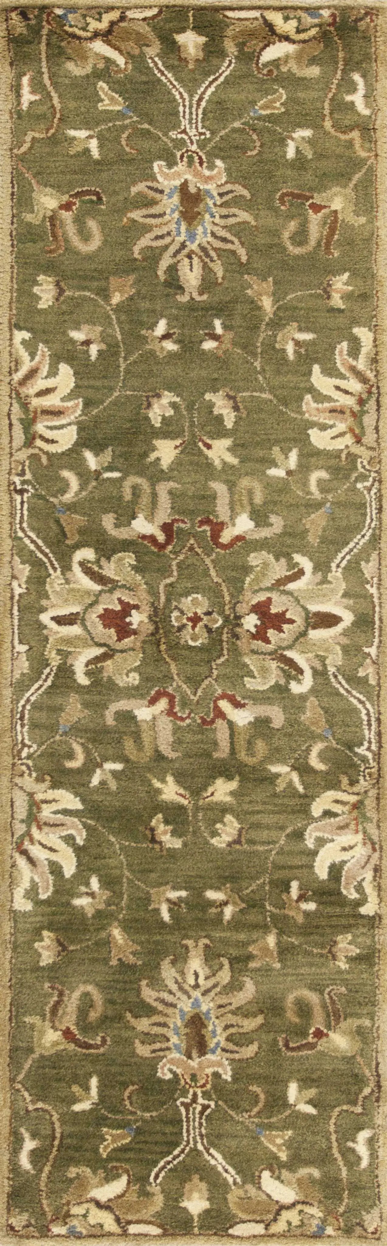 7' Green Red And Ivory Wool Floral Medallion Hand Tufted Runner Rug Homeroots Home Decor