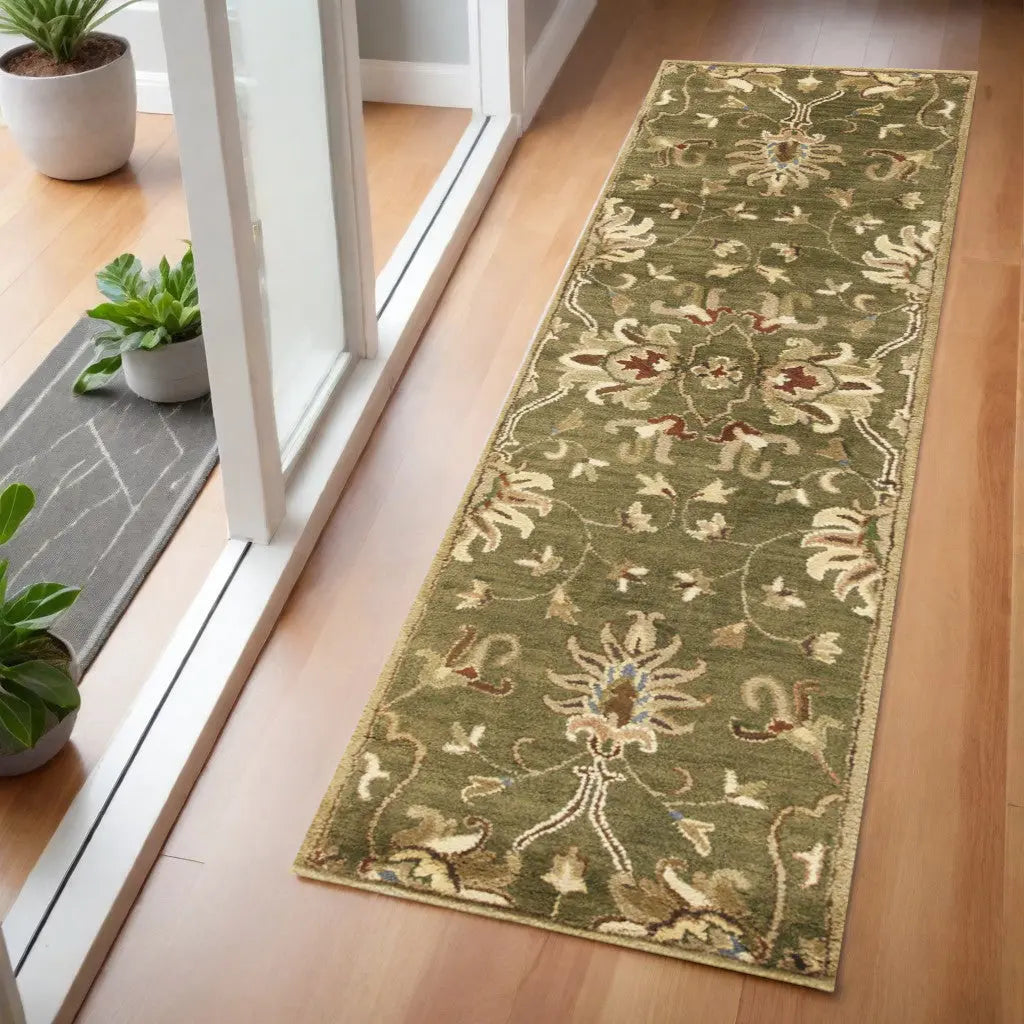 7' Green Red And Ivory Wool Floral Medallion Hand Tufted Runner Rug Homeroots Home Decor