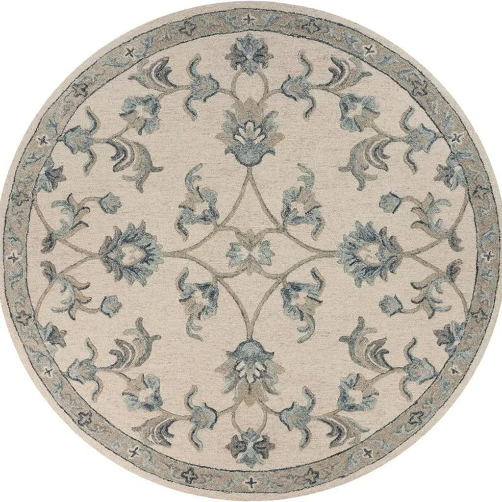 7' Ivory And Blue Wool Hand Tufted Round Rug Homeroots Home Decor